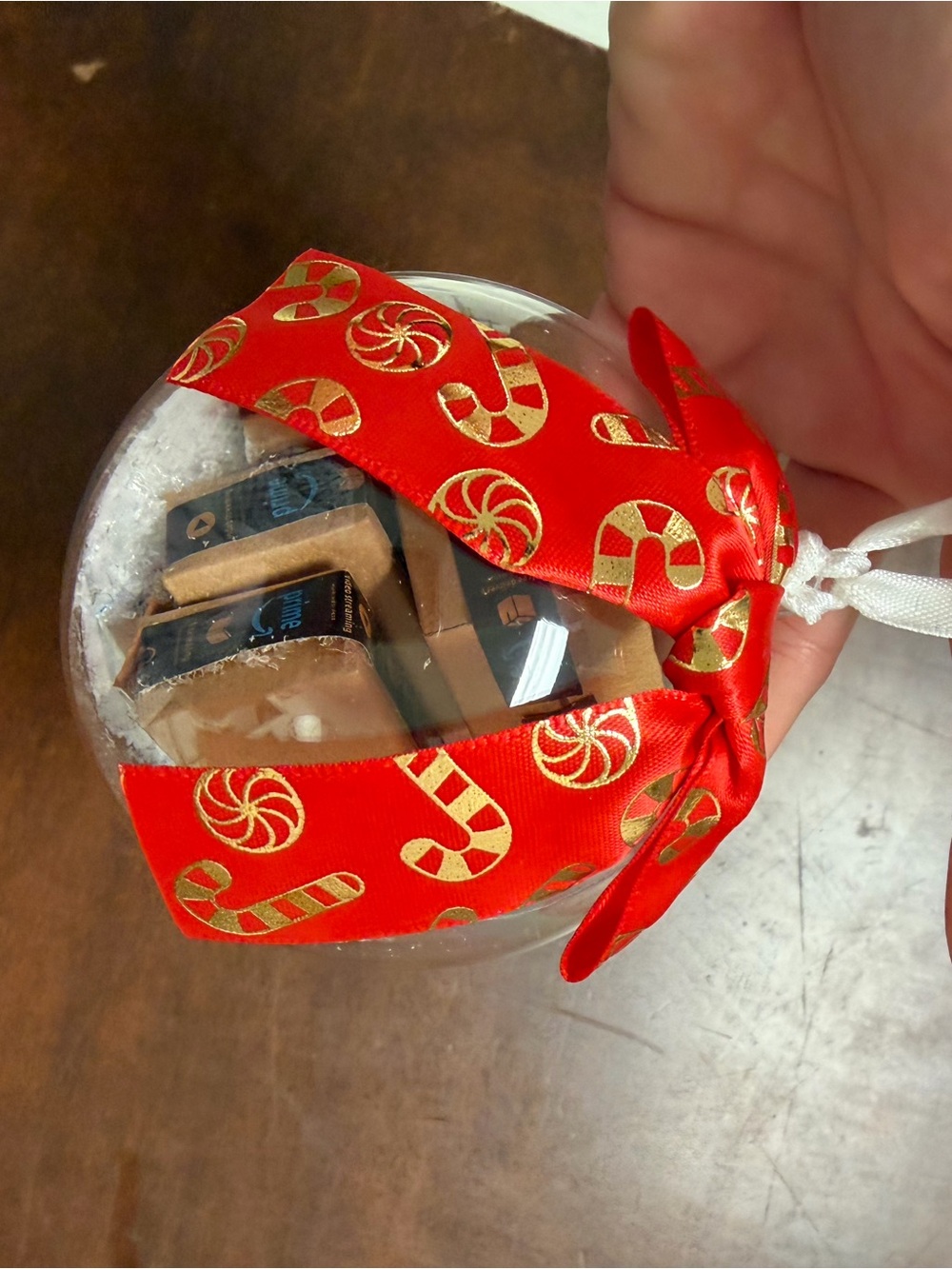 Clear Holiday Ornament with Red Candy Cane Ribbon